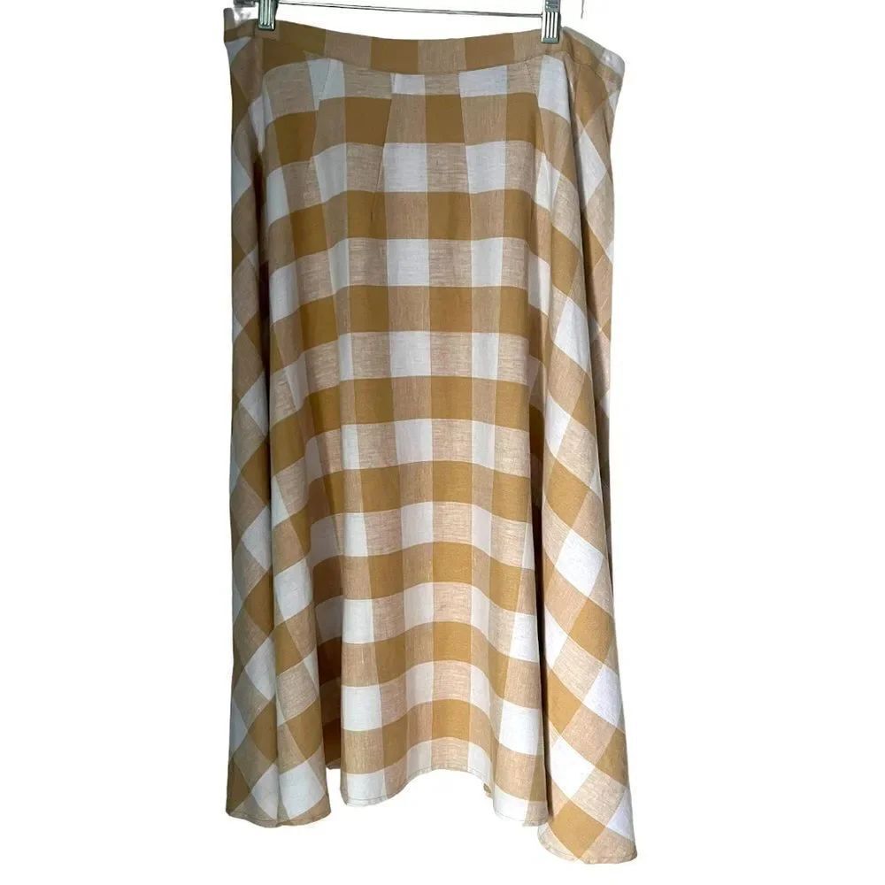 Who What Wear Tan White Buffalo check Midi A Line Linen Blend Checkered skirt 12